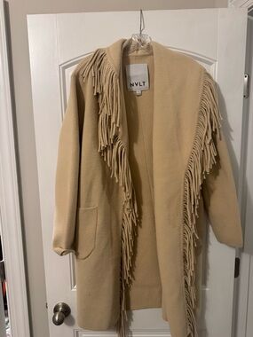 NVLT Beige Fringe Open-Front Cape Coat